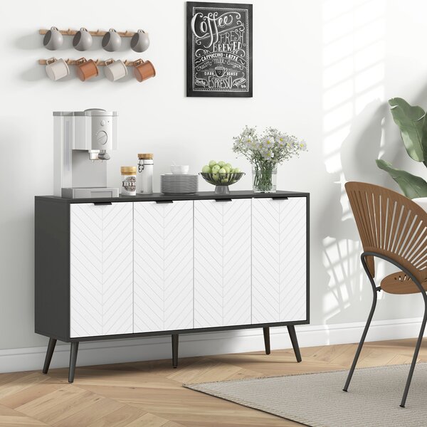 HOMCOM Madia a 4 ante Madia per soggiorno Ripiani regolabili Gambe in legno per cucina Bianco e Nero 120x35x77,4 cm | Aosom Italy