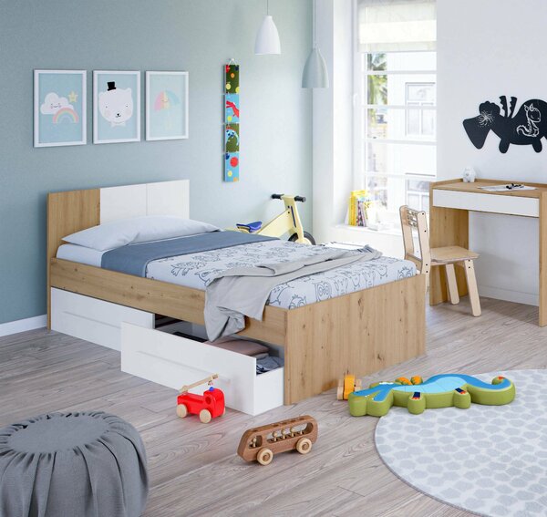 Letto bambini 2 cassetti contenitori 196x97cm rovere nodi e bianco - Azalia