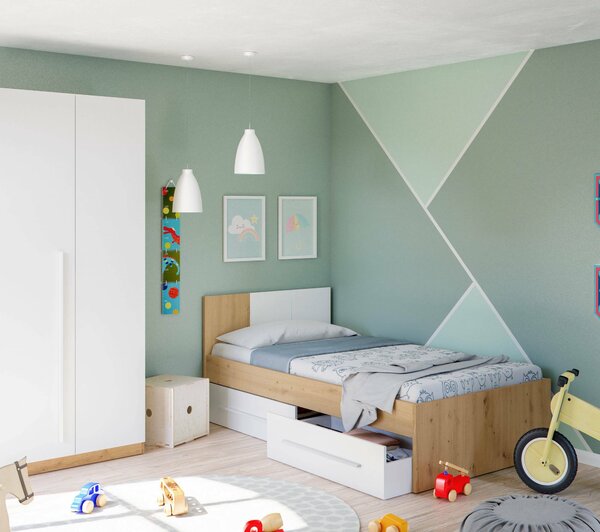 Letto bambini 2 cassetti contenitori 196x97cm rovere nodi e bianco - Azalia