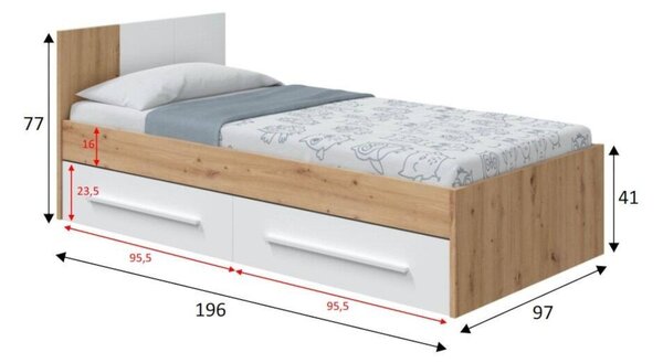 Letto bambini 2 cassetti contenitori 196x97cm rovere nodi e bianco - Azalia