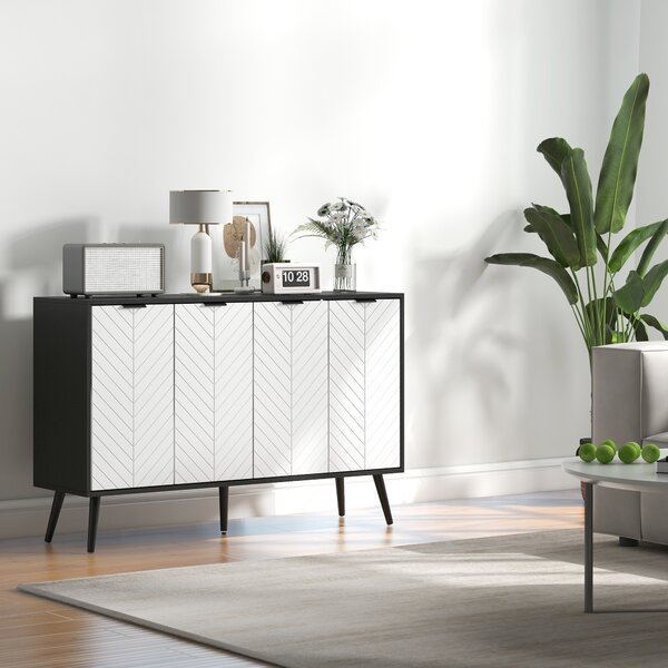 HOMCOM Madia a 4 ante Madia per soggiorno Ripiani regolabili Gambe in legno per cucina Bianco e Nero 120x35x77,4 cm | Aosom Italy