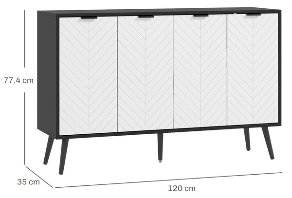 HOMCOM Madia a 4 ante Madia per soggiorno Ripiani regolabili Gambe in legno per cucina Bianco e Nero 120x35x77,4 cm | Aosom Italy