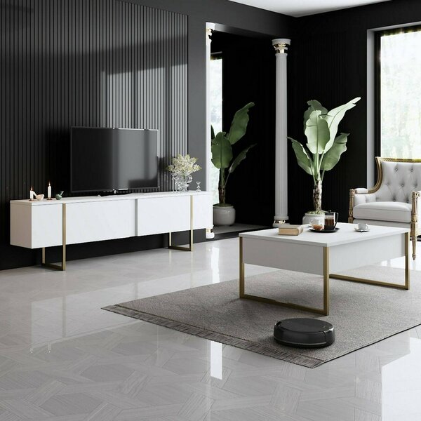Mobile TV 180x30x50h cm Bianco e Oro con 2 Ante e Ripiano, Mobile Basso Salvaspazio in Legno e Metallo per Soggiorno Moderno – Abishia