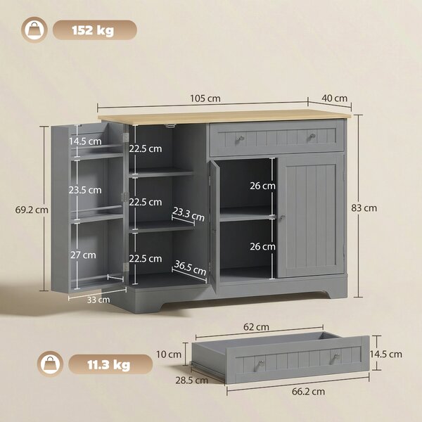 HOMCOM Credenza da Cucina Mobile Cucina con 3 Ripiani sulle Ante Cassetto Ripiani Regolabili per Sala da Pranzo 105x40x83 cm Grigio | Aosom Italy