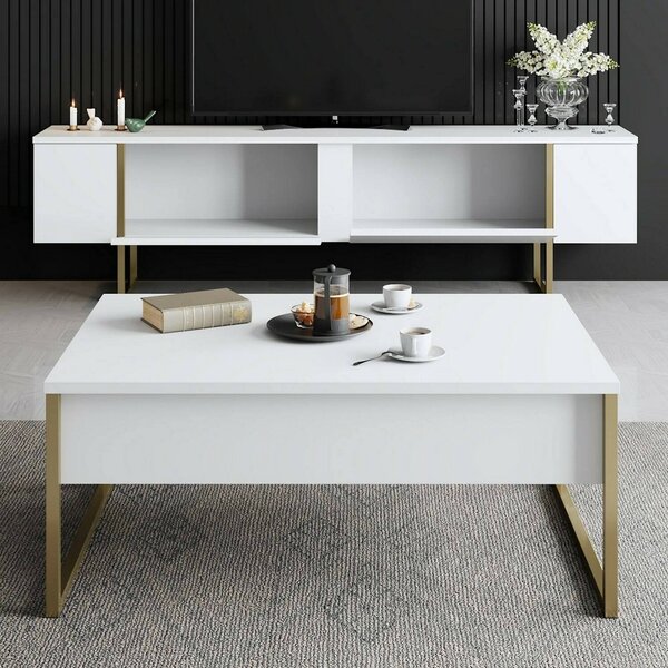 Mobile TV 180x30x50h cm Bianco e Oro con 2 Ante e Ripiano, Mobile Basso Salvaspazio in Legno e Metallo per Soggiorno Moderno – Abishia