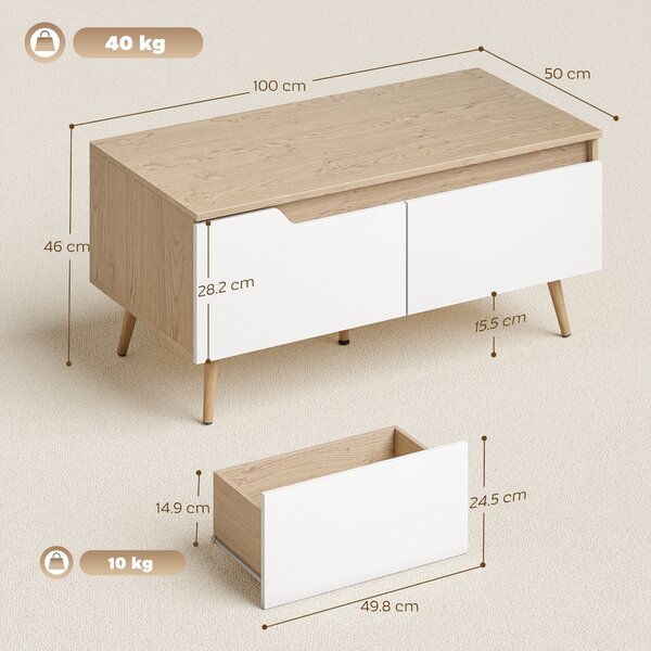 HOMCOM Tavolino da Salotto con 2 Cassetti Tavolino Basso per Soggiorno con Gambe in Legno di Pino 100x50x46cm Rovere | Aosom Italy