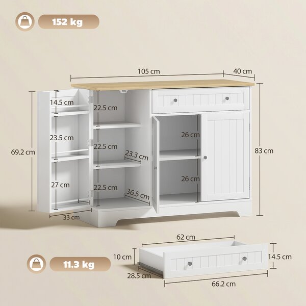 HOMCOM Madia da Cucina Credenza 3 Ripiani Ante Cassetto Ripiani Regolabili per Sala da Pranzo 105x40x83 cm Bianco | Aosom Italy