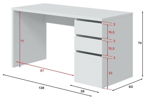 Scrivania lineare bianca 138x60cm con 3 cassetti - Alko