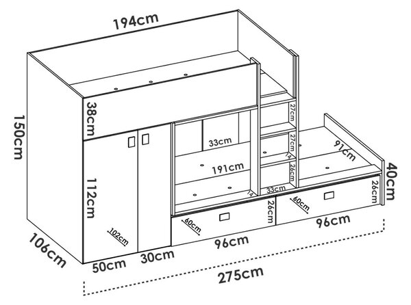 Composizione camera da letto Acerola, 275x108h150 cm, Bianco e Rovere