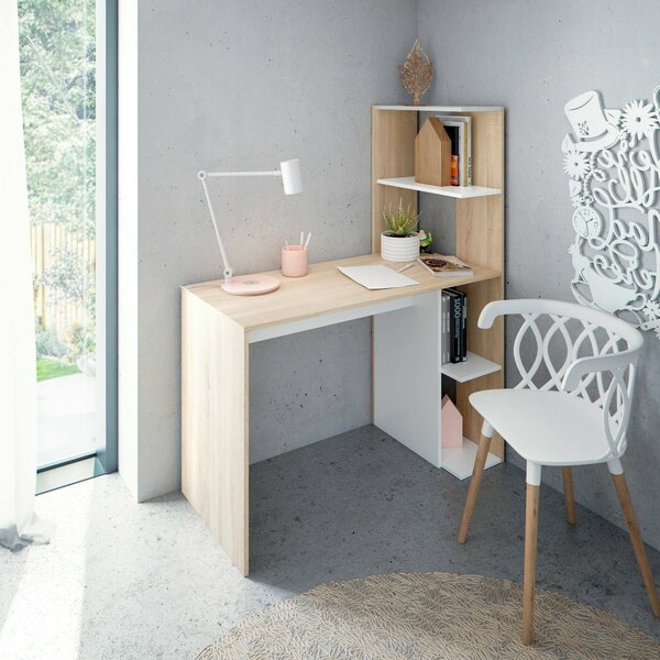 Scrivania salvaspazio bianca e rovere 110x52cm con libreria - Abba