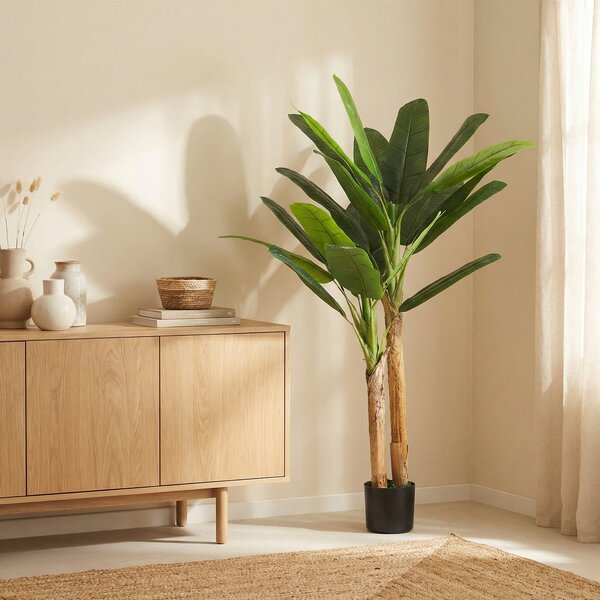 HOMCOM Albero di Banano Artificiale 150 cm Pianta Artificiale Decorativa con Vaso e 2 Tronchi per Casa Ufficio Soggiorno Verde | Aosom Italy