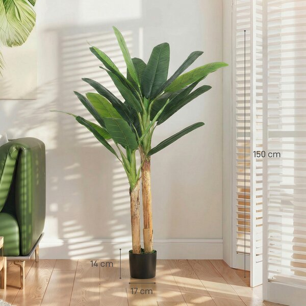 HOMCOM Albero di Banano Artificiale 150 cm Pianta Artificiale Decorativa con Vaso e 2 Tronchi per Casa Ufficio Soggiorno Verde | Aosom Italy