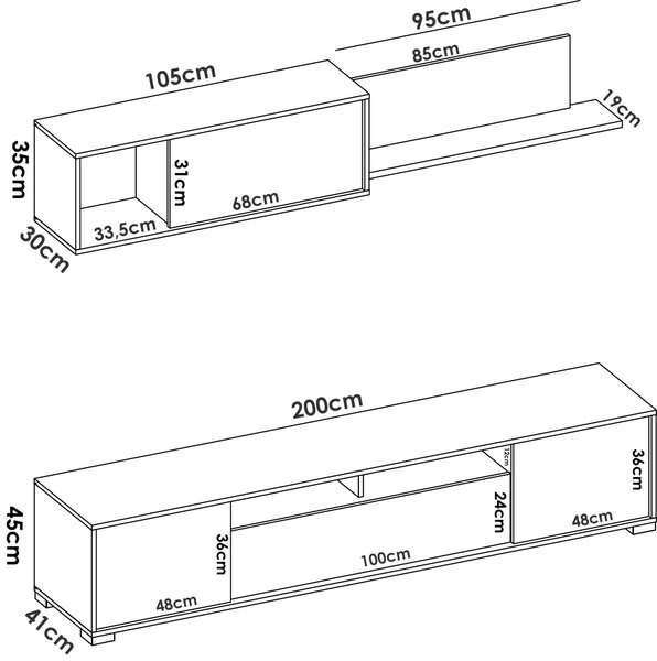 Mobile soggiorno multifunzione 200cm rovere e bianco lucido - Abbete