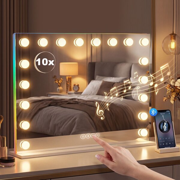 HOMCOM Specchio Hollywood per trucco con 18 lampade LED dimmerabili, 3 colori, luce RGB, altoparlante Bluetooth, ingrandimento 10x Bianco | Aosom Italy