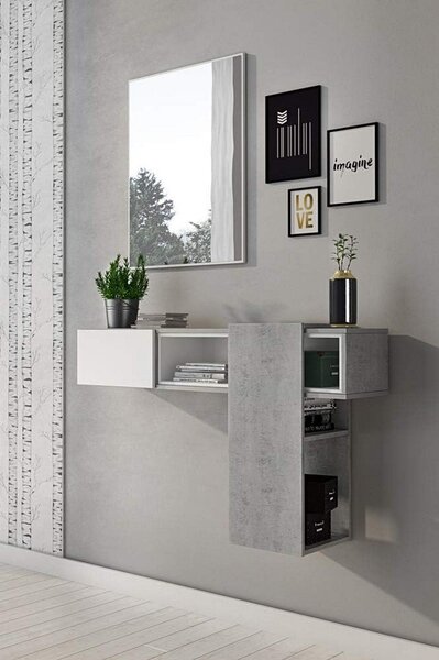 Mobile da Ingresso Grigio Cemento Bianco Specchio Incluso un Ripiano 100x31x75h cm, Appendiabiti - Limbadi