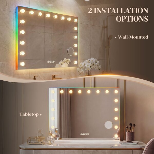 HOMCOM Specchio Hollywood per trucco con 18 lampade LED dimmerabili, 3 colori, luce RGB, altoparlante Bluetooth, ingrandimento 10x Bianco | Aosom Italy