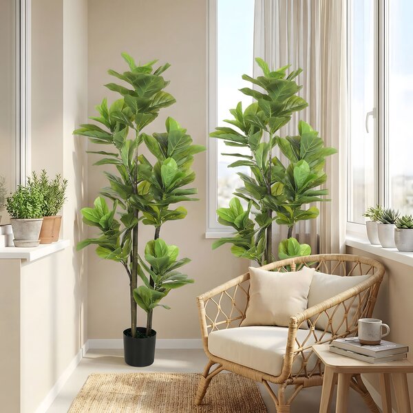 HOMCOM Set da 2 piante artificiali da interno 150 cm, ficus lyrata con vaso in cemento, verde | Aosom Italy