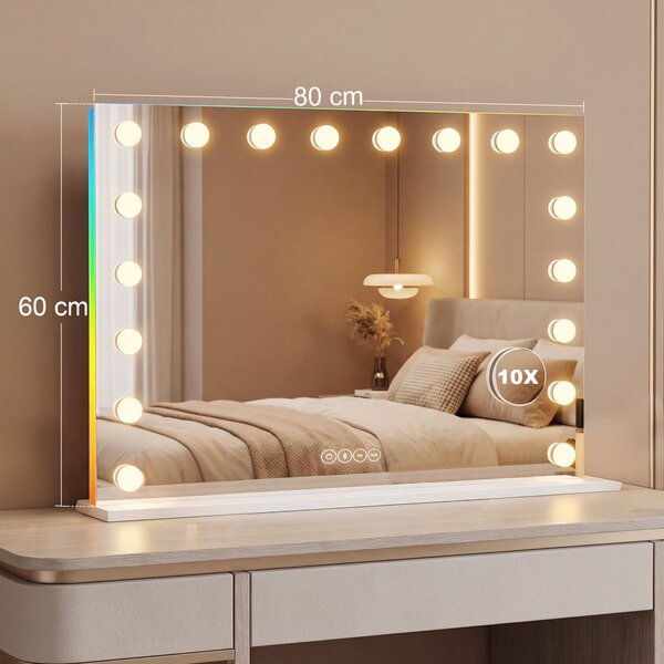 HOMCOM Specchio Hollywood per trucco con 18 lampade LED dimmerabili, 3 colori, luce RGB, altoparlante Bluetooth, ingrandimento 10x Bianco | Aosom Italy