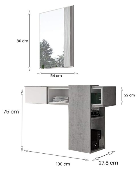 Mobile da Ingresso Grigio Cemento Bianco Specchio Incluso un Ripiano 100x31x75h cm, Appendiabiti - Limbadi