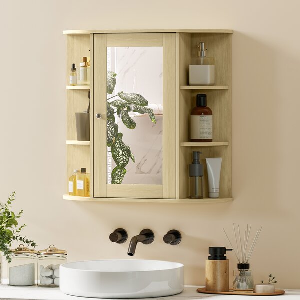 HOMCOM Armadio da Bagno con Specchio Armadio da Parete con Ripiani Aperti 66x17x63 cm Naturale | Aosom Italy