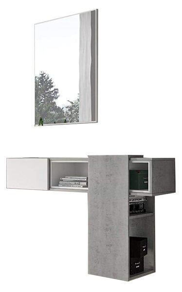Mobile da Ingresso Grigio Cemento Bianco Specchio Incluso un Ripiano 100x31x75h cm, Appendiabiti - Limbadi