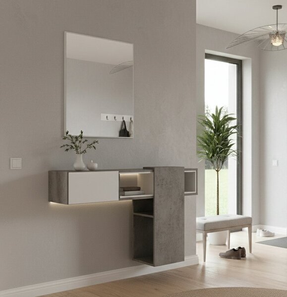 Mobile da Ingresso Grigio Cemento Bianco Specchio Incluso un Ripiano 100x31x75h cm, Appendiabiti - Limbadi