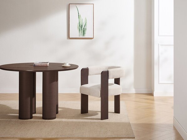 Sedia con braccioli in tessuto testurizzato e legno di Hevea Crema e naturale scuro - Lotto di 2 - LUDVIKA