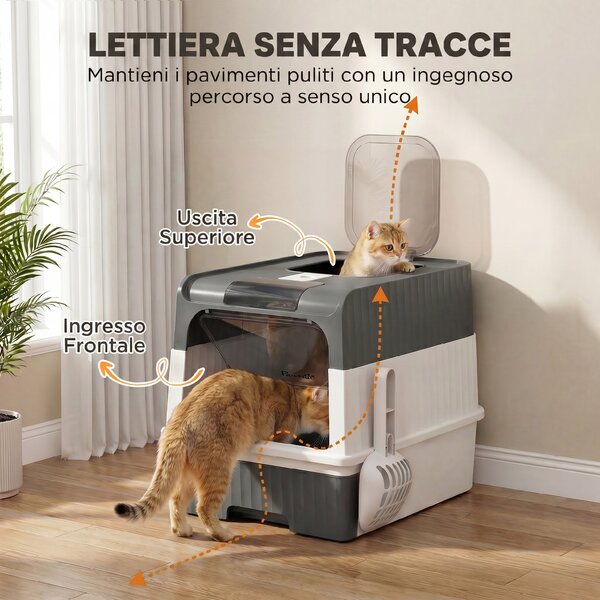 PawHut Lettiera Gatto Chiusa M con Coperchio, Vassoio Estraibile, Paletta, 4 Pacchetti Deodoranti, Grigio | Aosom Italy