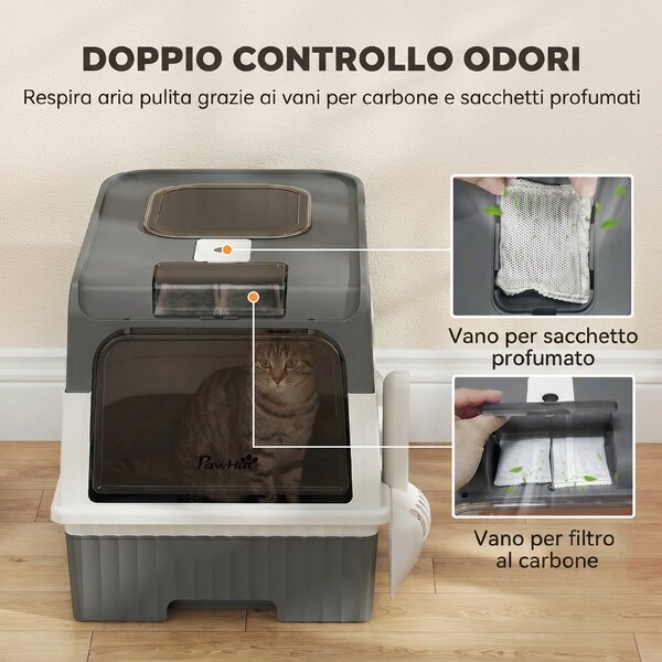 PawHut Lettiera Gatto Chiusa M con Coperchio, Vassoio Estraibile, Paletta, 4 Pacchetti Deodoranti, Grigio | Aosom Italy