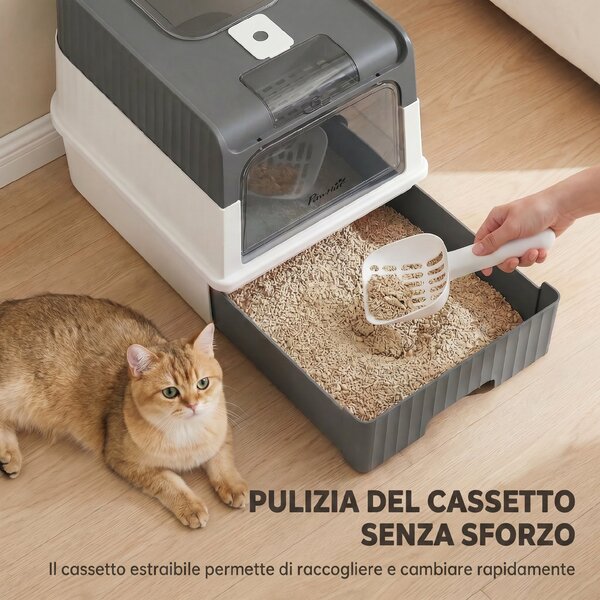 PawHut Lettiera Gatto Chiusa M con Coperchio, Vassoio Estraibile, Paletta, 4 Pacchetti Deodoranti, Grigio | Aosom Italy