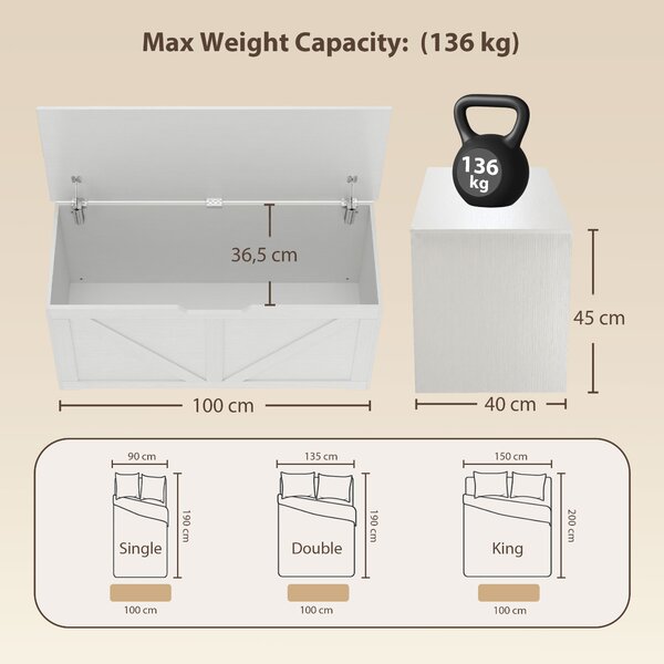 HOMCOM Cassapanca Contenitore 100 cm con 2 Cerniere di Sicurezza, Bianco Effetto Legno | Aosom Italy