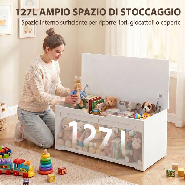 HOMCOM Cassapanca Contenitore 100 cm con 2 Cerniere di Sicurezza, Bianco Effetto Legno | Aosom Italy