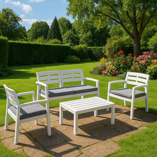 Salotto da giardino panche e tavolo effetto doghe bianco - Arti
