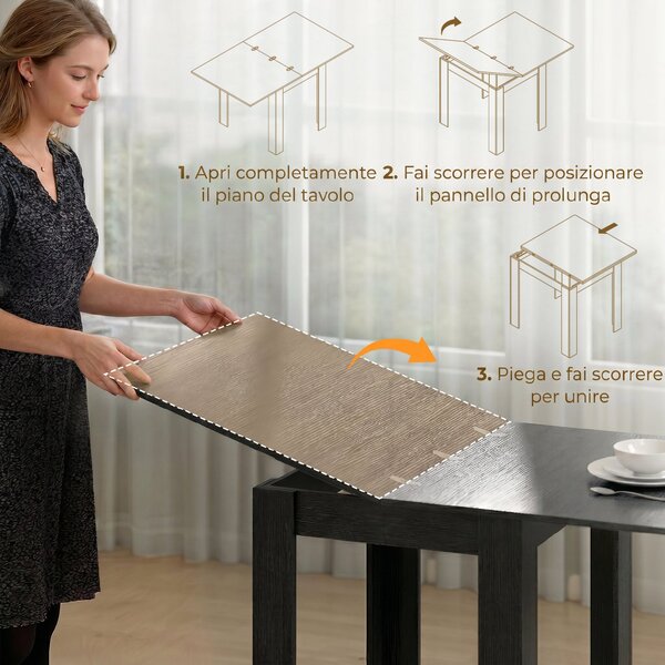 HOMCOM Tavolo da Pranzo Allungabile per 4-6 Persone in Legno e Acciaio, 140x80x77.5 cm, Nero | Aosom Italy