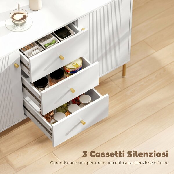 HOMCOM Credenza Moderna, Mobile Bar da Caffè con 3 Cassetti Silenziosi, 2 Ripiani Regolabili, 5 Gambe in Acciaio, Bianco | Aosom Italy
