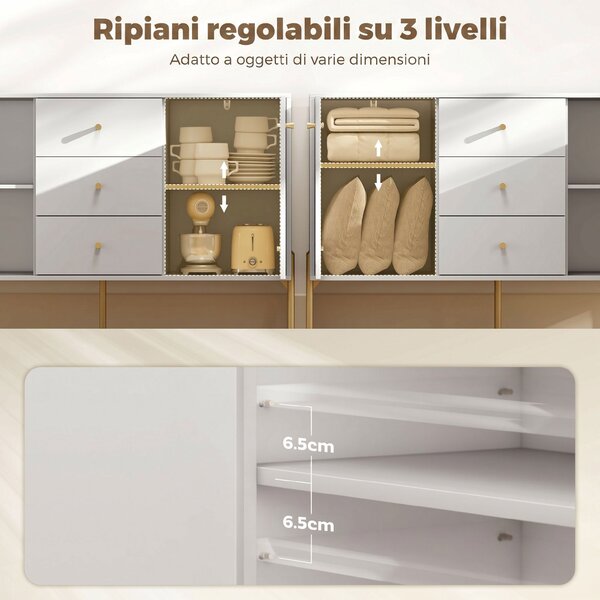 HOMCOM Credenza Moderna, Mobile Bar da Caffè con 3 Cassetti Silenziosi, 2 Ripiani Regolabili, 5 Gambe in Acciaio, Bianco | Aosom Italy