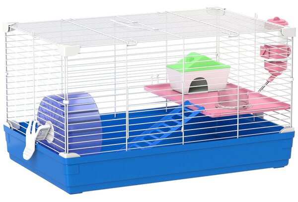 PawHut Gabbia per Criceti Casa per Roditori con Ruota per Esercizio Ciotola Abbeveratoio Casetta Rampe per Gerbilli 47x30x27 cm Blu | Aosom Italy