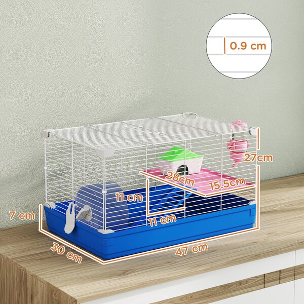 PawHut Gabbia per Criceti Casa per Roditori con Ruota per Esercizio Ciotola Abbeveratoio Casetta Rampe per Gerbilli 47x30x27 cm Blu | Aosom Italy