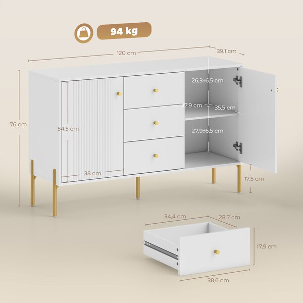 HOMCOM Credenza Moderna, Mobile Bar da Caffè con 3 Cassetti Silenziosi, 2 Ripiani Regolabili, 5 Gambe in Acciaio, Bianco | Aosom Italy