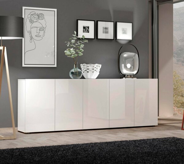 Credenza larga bianco lucida 225x38x79h cm 5 ante - Macaria