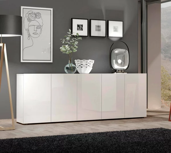 Credenza larga bianco lucida 225x38x79h cm 5 ante - Macaria