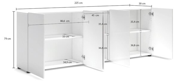 Credenza larga bianco lucida 225x38x79h cm 5 ante - Macaria