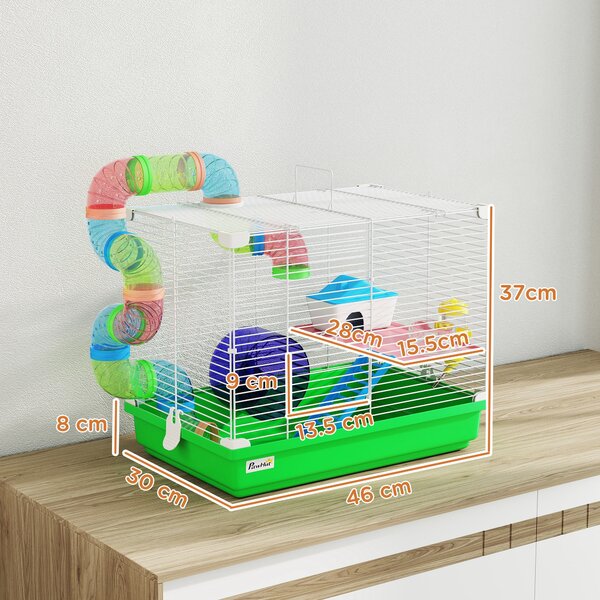 PawHut Gabbia per Criceti con Tunnel Ciotola Abbeveratoio Casetta Rampa Ruota da Esercizio Vassoio Rimovibile 46x30x37 cm Verde | Aosom Italy