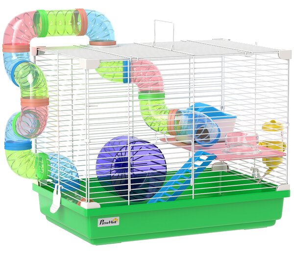 PawHut Gabbia per Criceti con Tunnel Ciotola Abbeveratoio Casetta Rampa Ruota da Esercizio Vassoio Rimovibile 46x30x37 cm Verde | Aosom Italy