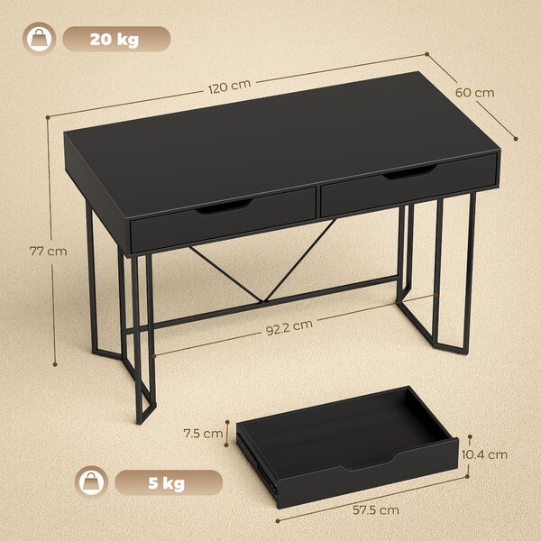 HOMCOM Piccola scrivania per computer con 2 cassetti, scrivania con ampia superficie di lavoro 120 x 60 x 77 cm Nero | Aosom Italy