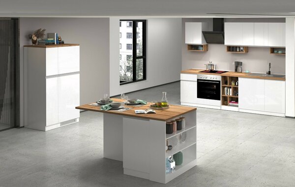 Isola cucina moderna per open space 160x90x90h cm bianca lucida e rovere - Abern