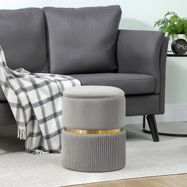HOMCOM Pouf contenitore rotondo, pouf rivestito in velluto con coperchio rimovibile, seduta imbottita e spazio nascosto, Grigio chiaro | Aosom Italy