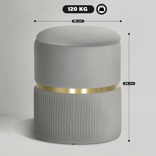 HOMCOM Pouf contenitore rotondo, pouf rivestito in velluto con coperchio rimovibile, seduta imbottita e spazio nascosto, Grigio chiaro | Aosom Italy