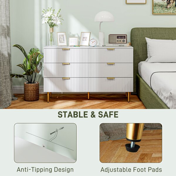 HOMCOM Cassettiera 6 Cassetti Moderna con Maniglie Dorate, 120x40x76.5cm, Bianco | Aosom Italy