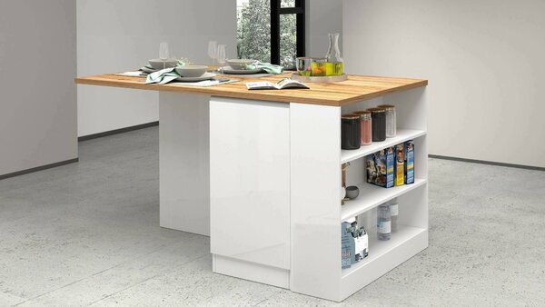 Isola cucina moderna per open space 160x90x90h cm bianca lucida e rovere - Abern